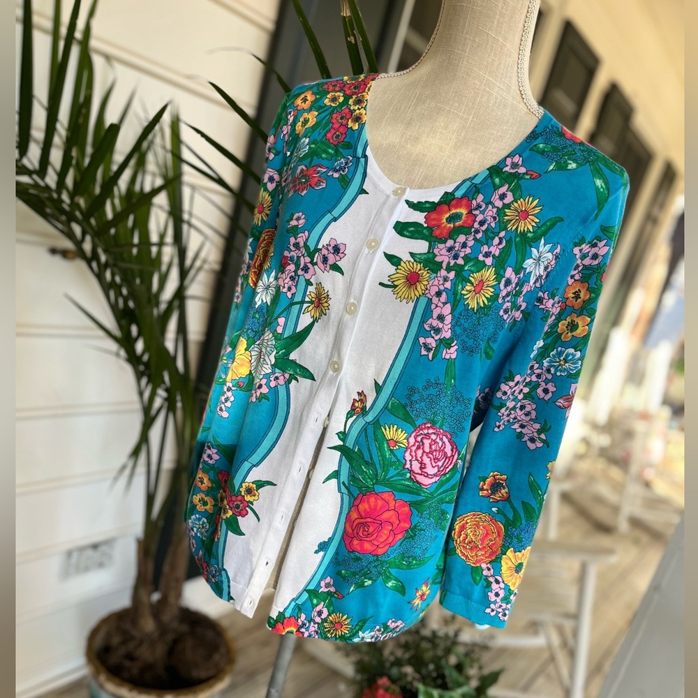 Talbots Luxury Garden Collection Cardigan, Turquoise Floral Print, Size XLP, EUC